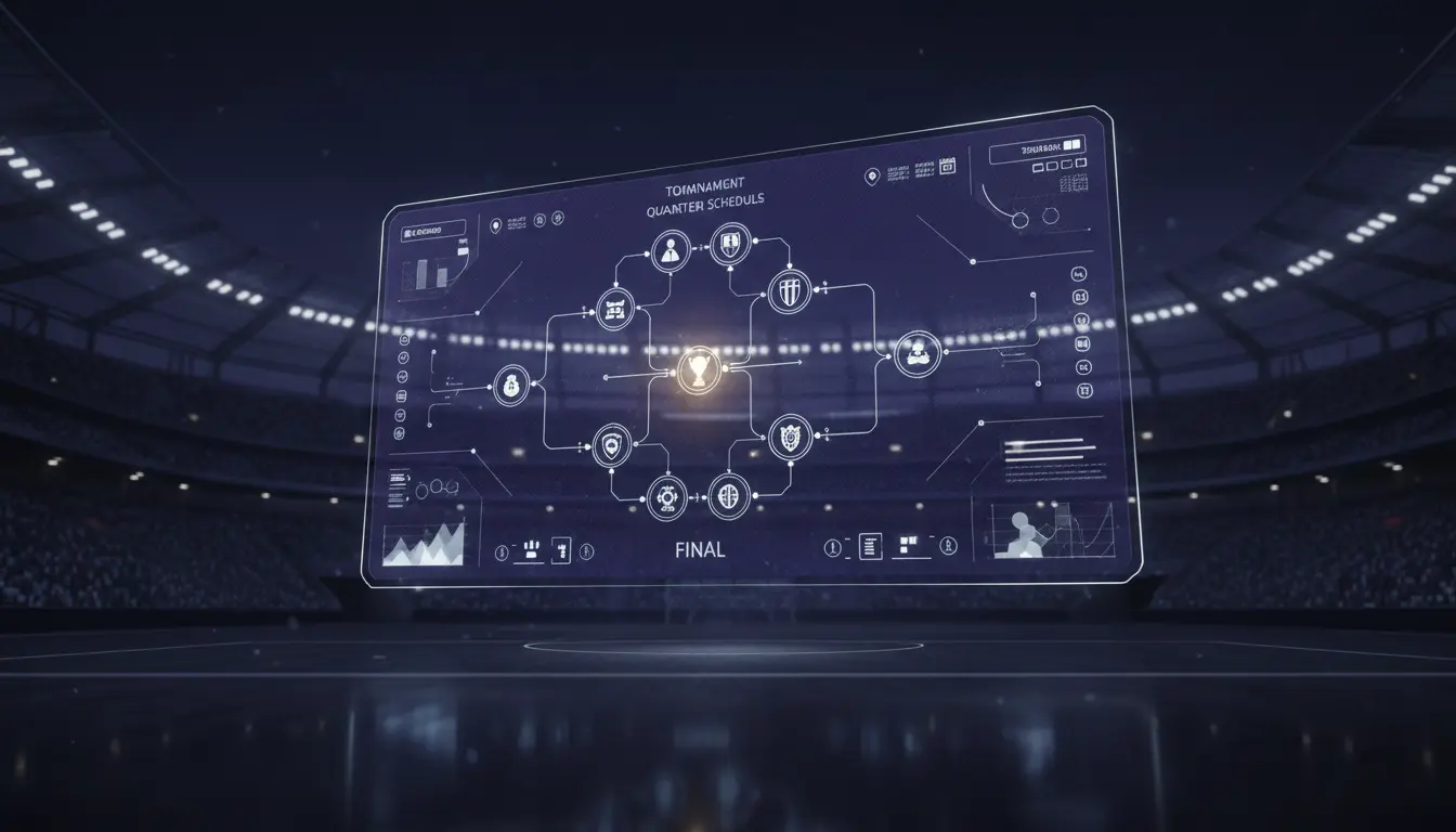 تصميم تخيلي لجدول مباريات دوري أبطال أوروبا 2026 يعرض الأدوار الإقصائية بخط زمني داخل ملعب كرة قدم حديث.