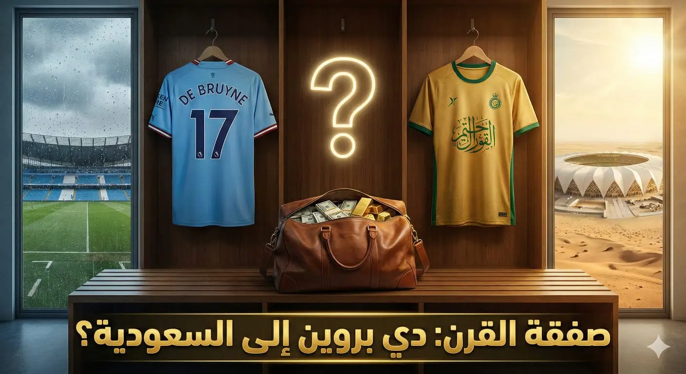 ​إنفوجرافيك يصور احتمال انتقال كيفين دي بروين للدوري السعودي: قميص مانشستر سيتي رقم 17 بجوار قميص ذهبي سعودي مقترح، مع حقيبة مليئة بالمال وعلامة استفهام كبيرة في غرفة ملابس تطل على ملعب إنجليزي ممطر وملعب سعودي مشمس.