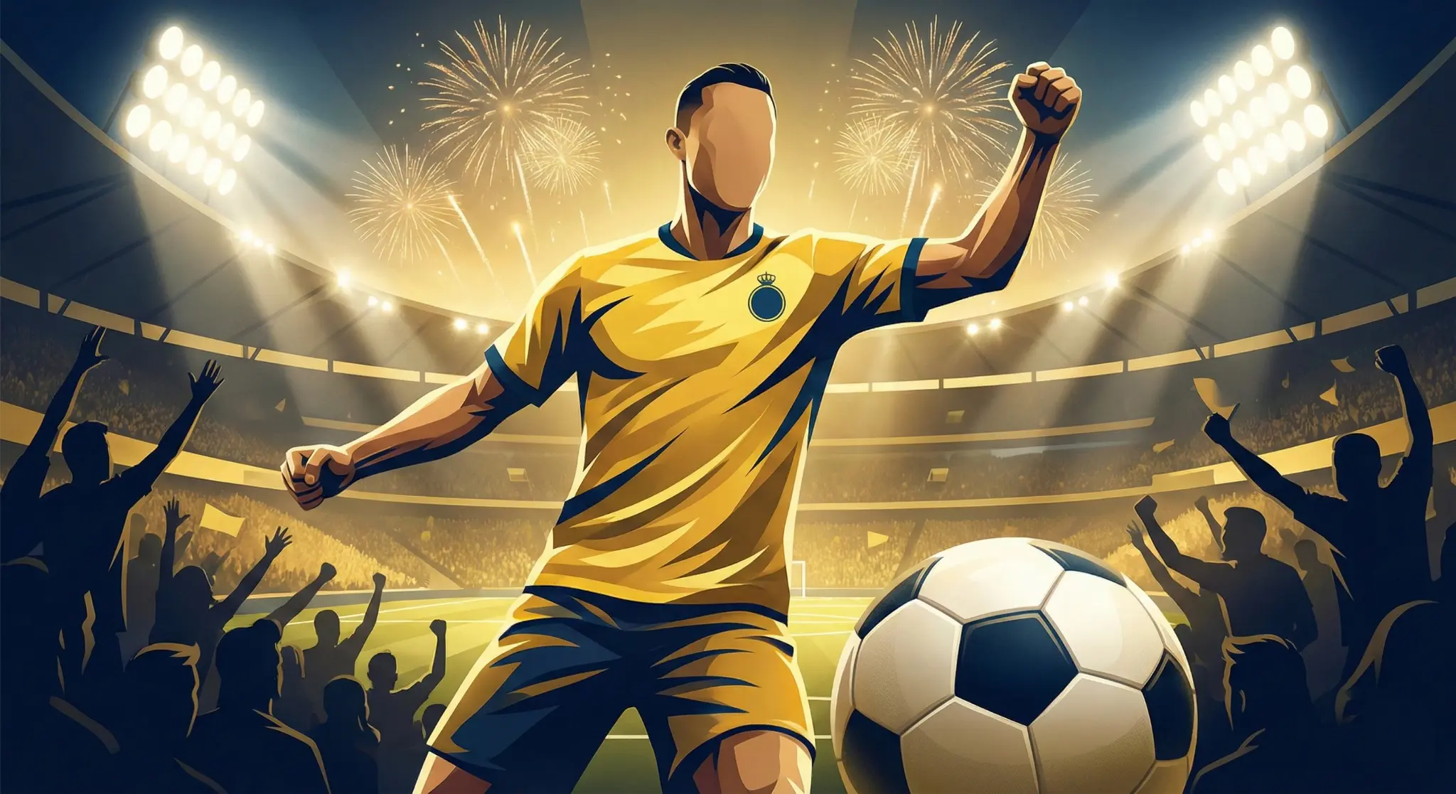 تصميم فني تعبيري للاعب كرة قدم يرمز لتجربة ساديو ماني مع نادي النصر في الدوري السعودي وسط أجواء تنافسية