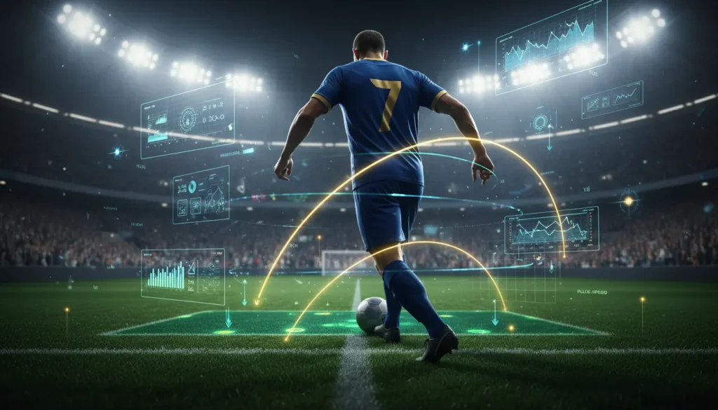 تصميم غلاف تحليلي لكرة القدم يظهر لاعبًا تخيليًا داخل ملعب حديث محاطًا بإحصائيات رقمية ورسوم تحليل أداء هجومي