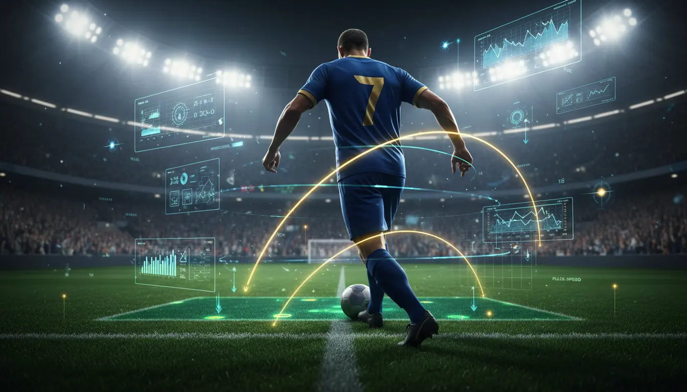 تصميم غلاف تحليلي لكرة القدم يظهر لاعبًا تخيليًا داخل ملعب حديث محاطًا بإحصائيات رقمية ورسوم تحليل أداء هجومي