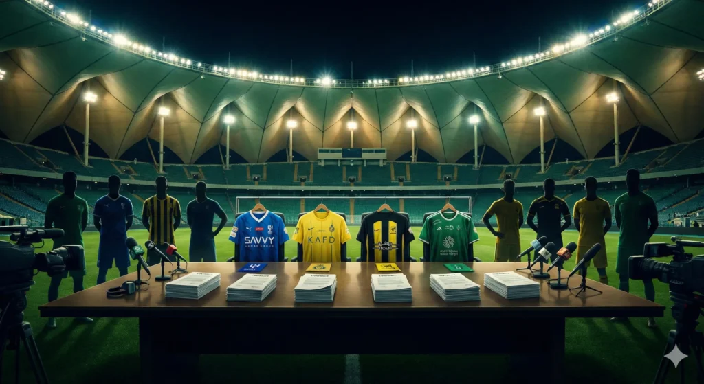 صورة تعبيرية لسوق الانتقالات الشتوية في الدوري السعودي للمحترفين مع ملعب كرة قدم وأجواء تنافسية