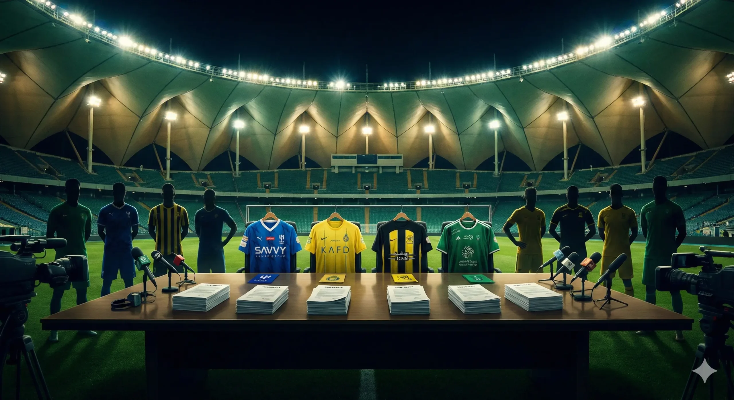 صورة تعبيرية لسوق الانتقالات الشتوية في الدوري السعودي للمحترفين مع ملعب كرة قدم وأجواء تنافسية