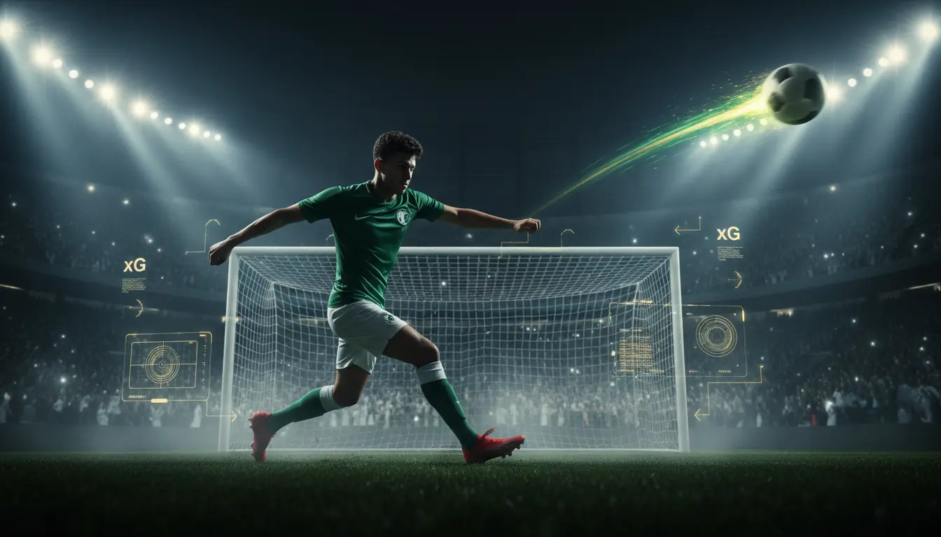 تصميم غلاف كروي يظهر مهاجمًا سعوديًا تخيليًا يسجل هدفًا داخل ملعب حديث مع عناصر تحليلية لمسار الكرة والإنهاء الهجومي