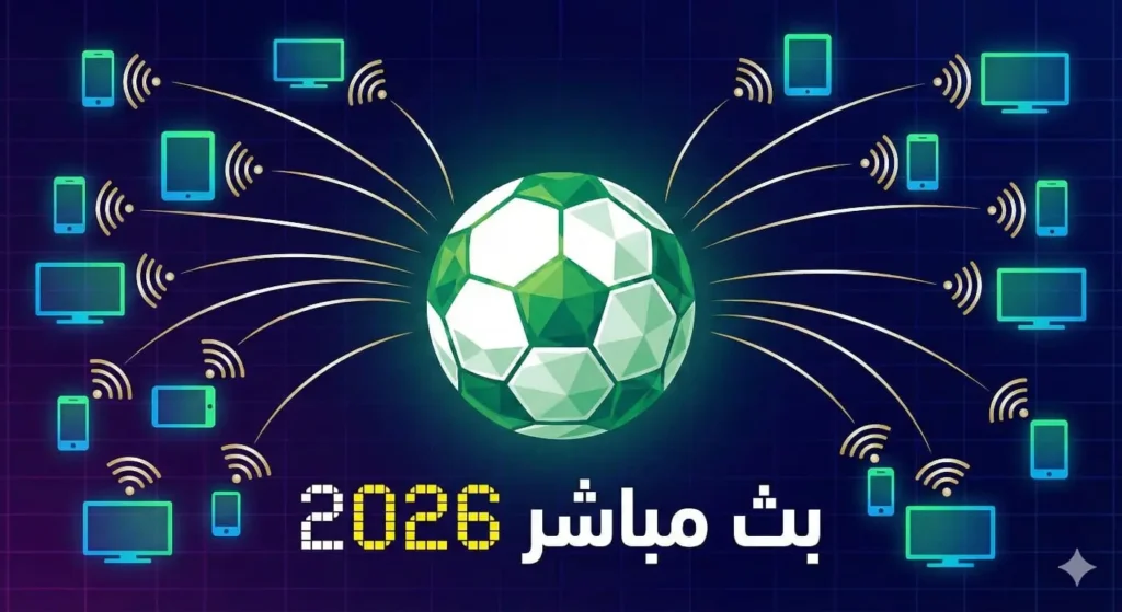 أيقونات شاشات وهواتف تبث إشارات واي فاي لكرة قدم مع نص بث مباشر 2026 للدوري السعودي مجانا