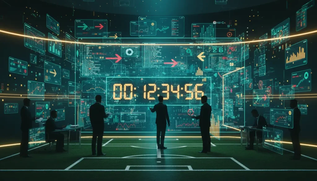 صورة توضيحية لسوق الانتقالات الصيفي في كرة القدم مع عناصر رقمية ولوحات بيانات تعبر عن الميركاتو الأوروبي 2026