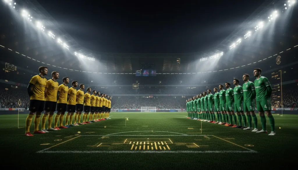 صورة ديربي كرة قدم تخيلي داخل ملعب حديث ليلاً، يظهر لاعبو فريقين باللونين الأصفر والأسود والأخضر والأبيض من الخلف مع أجواء جماهيرية وإضاءة قوية.