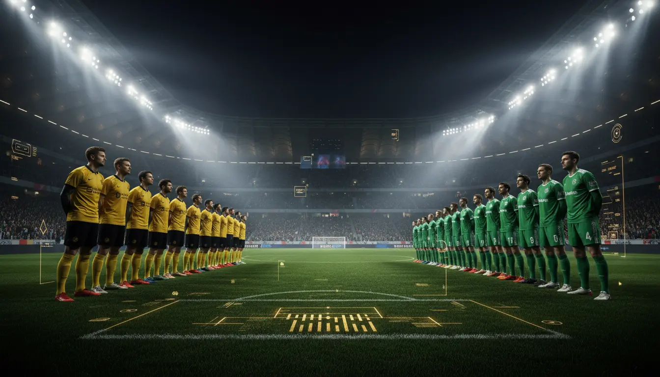 صورة ديربي كرة قدم تخيلي داخل ملعب حديث ليلاً، يظهر لاعبو فريقين باللونين الأصفر والأسود والأخضر والأبيض من الخلف مع أجواء جماهيرية وإضاءة قوية.
