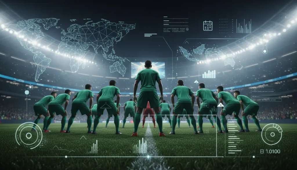 لاعبو منتخب كرة قدم تخيليون يرتدون الزي الأخضر داخل ملعب كبير مع عناصر بصرية تشير إلى تصفيات كأس العالم والجدول الزمني للمباريات.