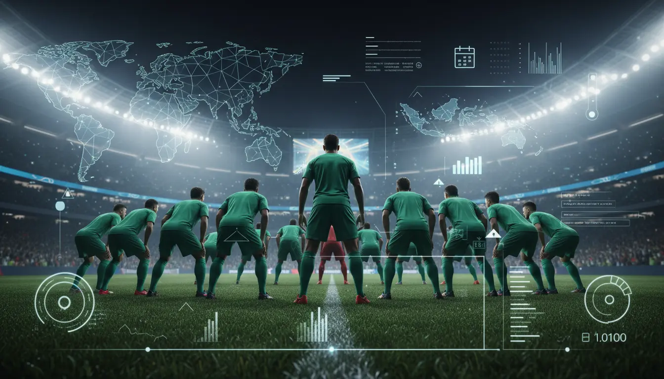 لاعبو منتخب كرة قدم تخيليون يرتدون الزي الأخضر داخل ملعب كبير مع عناصر بصرية تشير إلى تصفيات كأس العالم والجدول الزمني للمباريات.