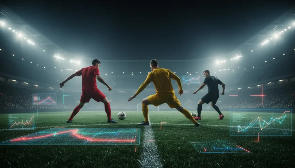 صورة تحليلية لمباراة كرة قدم تخيلية في الدوري الألماني داخل ملعب حديث ليلاً، يظهر اللاعبون من الخلف محاطين بعناصر رقمية تمثل الأهداف والإحصائيات والأداء التكتيكي.
