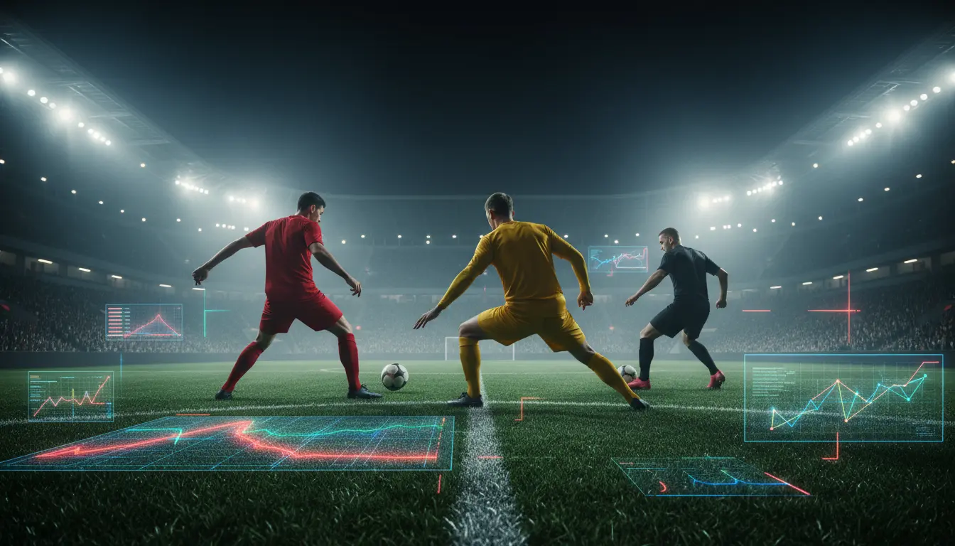 صورة تحليلية لمباراة كرة قدم تخيلية في الدوري الألماني داخل ملعب حديث ليلاً، يظهر اللاعبون من الخلف محاطين بعناصر رقمية تمثل الأهداف والإحصائيات والأداء التكتيكي.