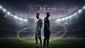 غلاف تحليلي ملحمي لنهائي كأس العالم 2022 يظهر لاعبين من الأرجنتين وفرنسا من الخلف داخل ملعب لوسيل مع لوحات نتائج وإحصائيات رقمية