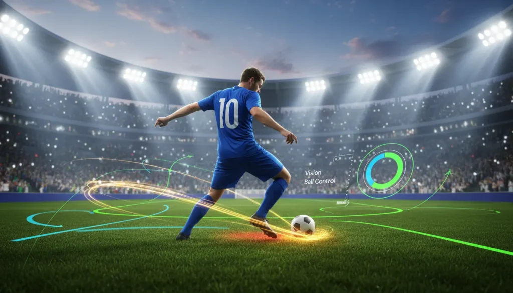 تصميم غلاف تحليلي لكرة القدم يظهر لاعبًا تخيليًا بدور صانع ألعاب داخل ملعب حديث محاطًا بمسارات تمرير ورسوم إحصائية هجومية