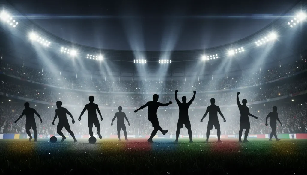 صورة درامية لنجوم كرة قدم يقفون في ملعب مضاء بالأضواء الكاشفة تمثل أبرز اللاعبين المتوقع تألقهم في كأس العالم 2026