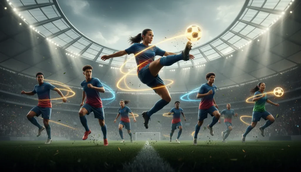 صورة ملحمية لمواهب كرة القدم الشابة المنتظرة في كأس العالم 2026، يظهرون في ملاعب ضخمة بحركات ديناميكية تعكس السرعة والمهارة