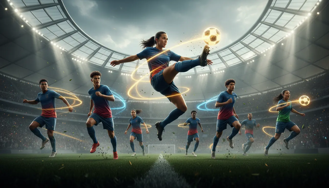 صورة ملحمية لمواهب كرة القدم الشابة المنتظرة في كأس العالم 2026، يظهرون في ملاعب ضخمة بحركات ديناميكية تعكس السرعة والمهارة