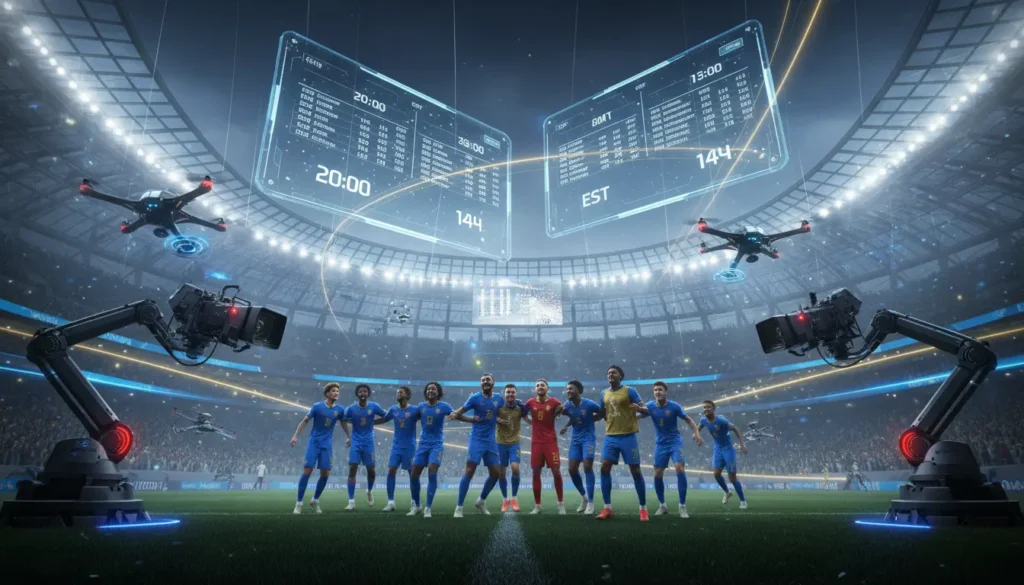 صورة ملحمية توضح مواعيد مباريات كأس العالم 2026 مع شاشات رقمية تعرض المباريات ومشاهد من الملاعب المزدحمة بالجماهير