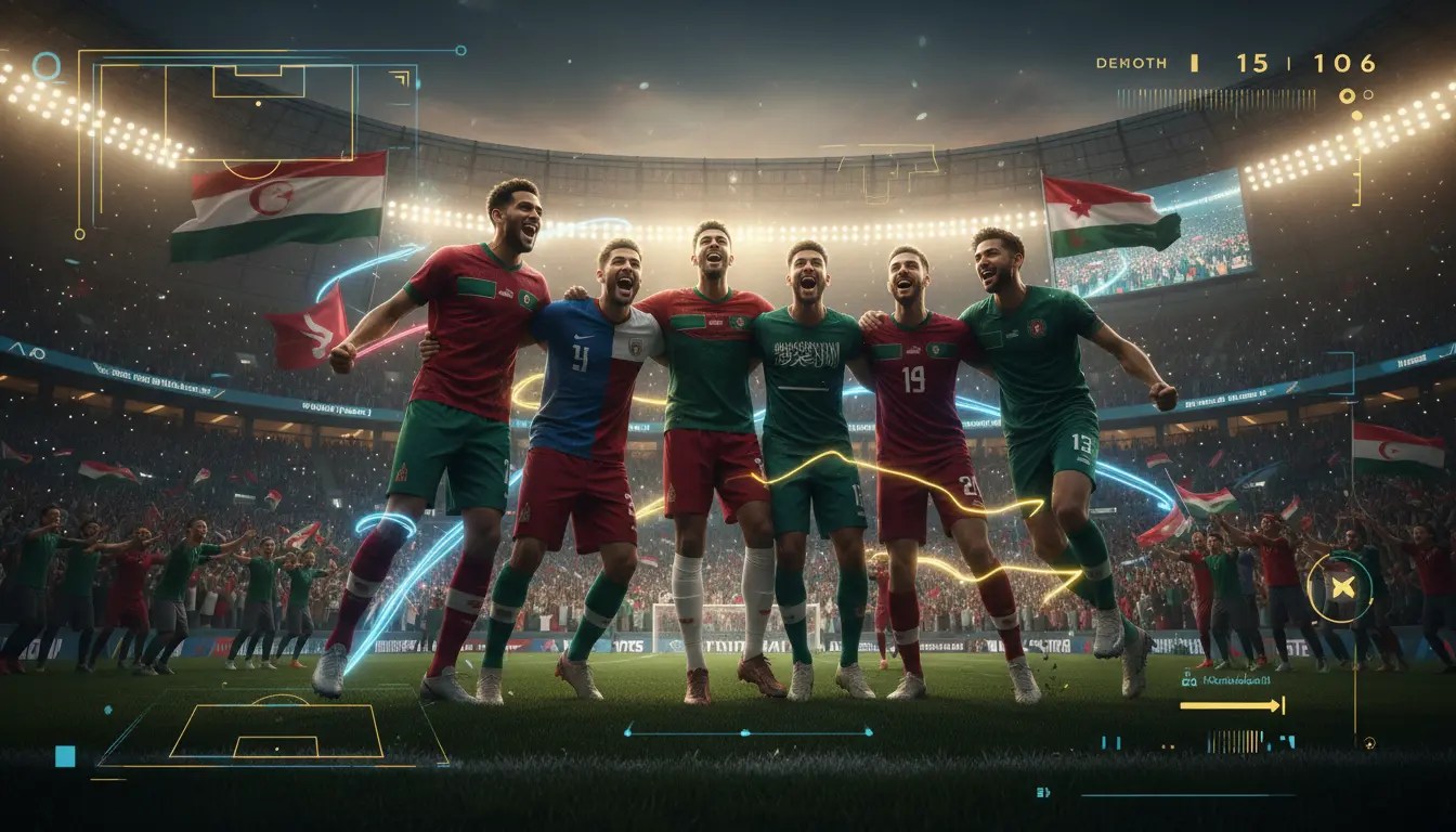 صورة ملحمية توضح المنتخبات العربية المشاركة في كأس العالم 2026 مع لاعبين شباب يحتفلون بالأهداف وملاعب ممتلئة بالجماهير