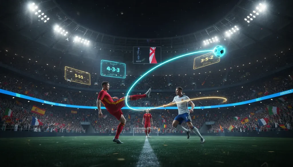 صورة ملحمية توضح المنتخبات الأوروبية المشاركة في كأس العالم 2026 مع لاعبين في لحظات هجومية حاسمة وملاعب ممتلئة بالجماهير