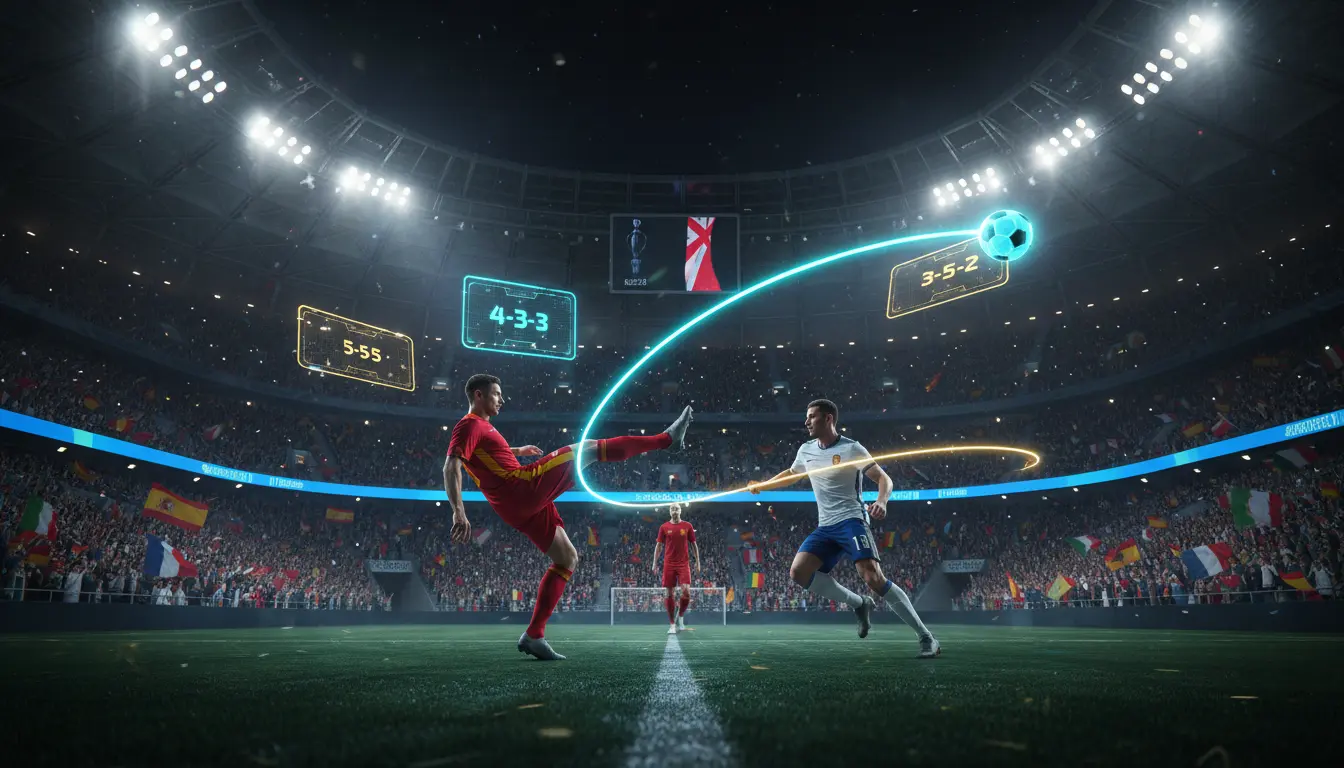 صورة ملحمية توضح المنتخبات الأوروبية المشاركة في كأس العالم 2026 مع لاعبين في لحظات هجومية حاسمة وملاعب ممتلئة بالجماهير