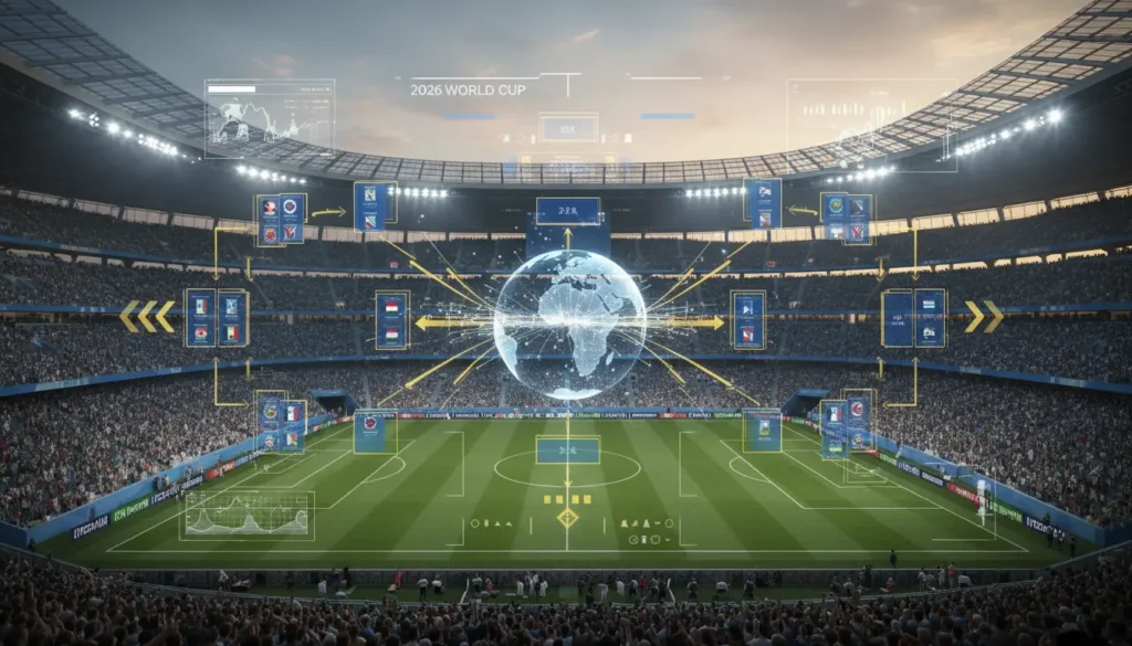 صورة انفوجرافيك توضح نظام كأس العالم 2026، 48 منتخباً، 12 مجموعة، و32 فريقاً يتأهلون للأدوار الإقصائية، مع تمثيل عالمي للاتحادات القارية