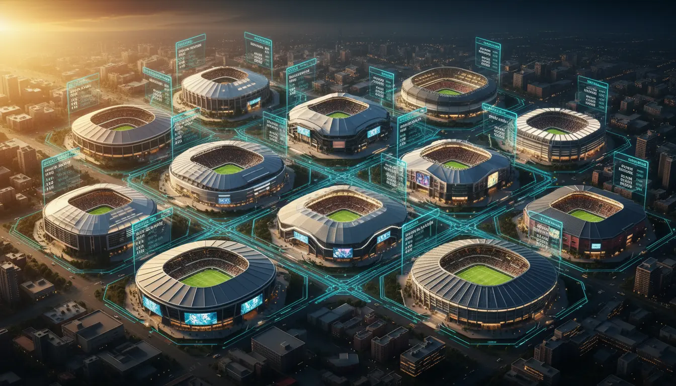 صورة انفوجرافيك تعرض 16 ملعباً لمونديال 2026 في أمريكا، المكسيك وكندا، مع السعة الجماهيرية والميزات التقنية مثل الشاشات 8K والسقوف المتحركة وخطوط الربط اللوجستي