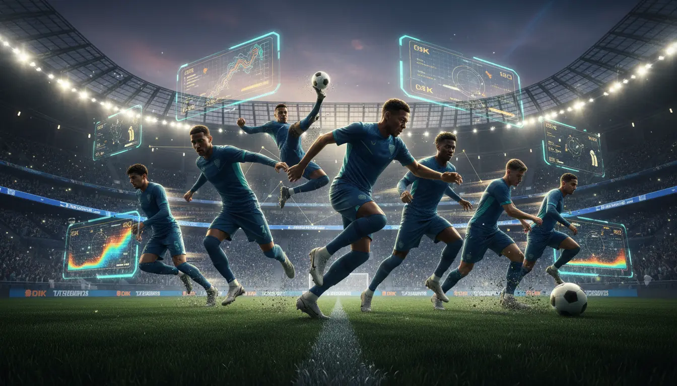 صورة سينمائية توضح أفضل 7 لاعبين متوقع تألقهم في كأس العالم 2026، مع إبراز أساليبهم الفنية ومهاراتهم في ملاعب مستقبلية