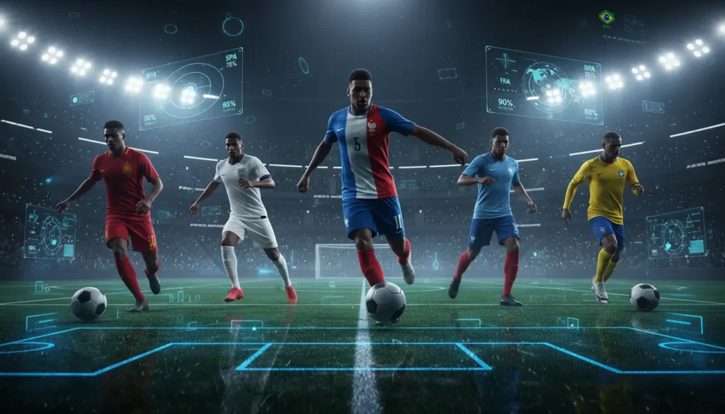 صورة سينمائية توضح أقوى 5 منتخبات مرشحة للقب كأس العالم 2026 مع إبراز نجومها ومهاراتهم الفنية