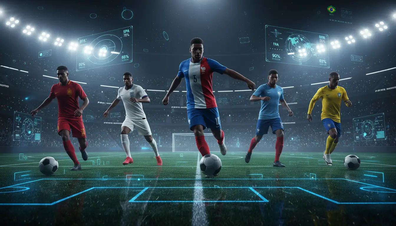 صورة سينمائية توضح أقوى 5 منتخبات مرشحة للقب كأس العالم 2026 مع إبراز نجومها ومهاراتهم الفنية