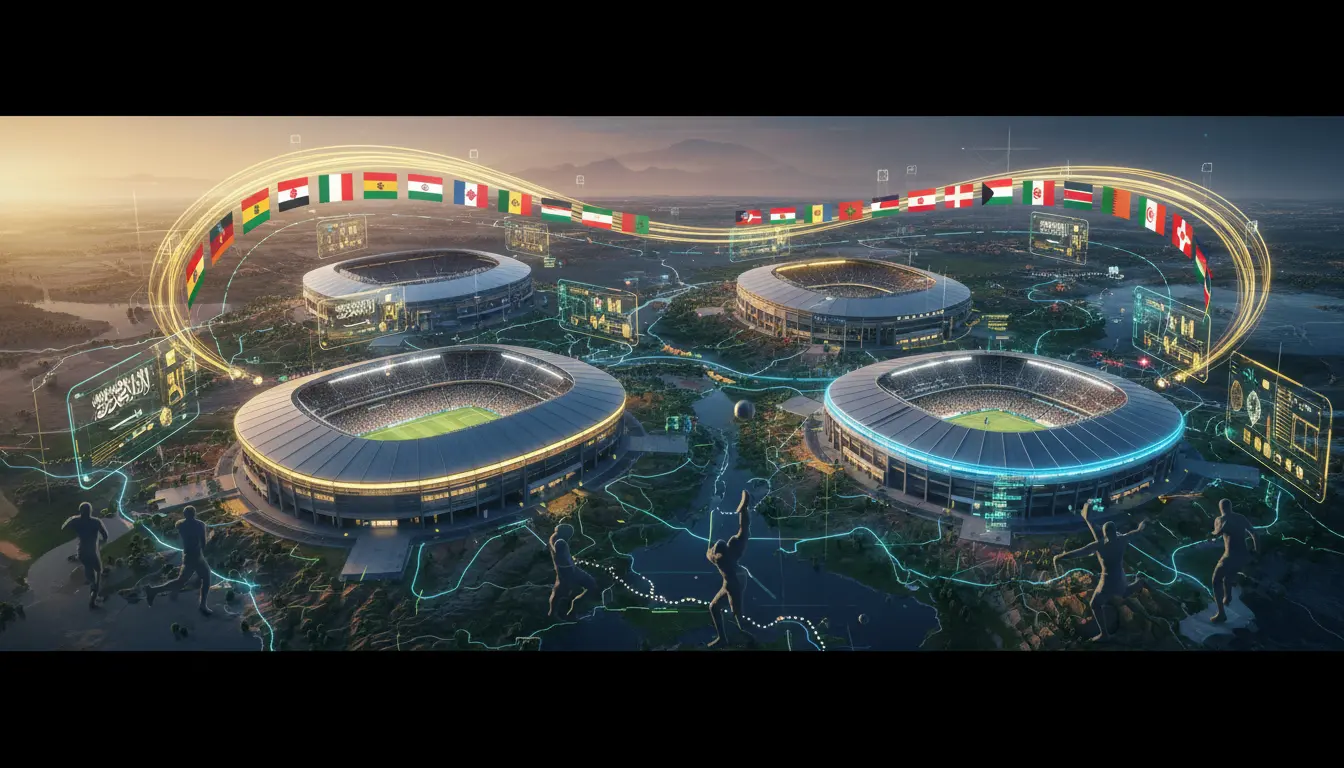 صورة سينمائية تعرض توزيع المدن والملاعب في كأس العالم 2026، مع إبراز مشاركة 48 منتخباً وفرص المنتخبات العربية والأفريقية