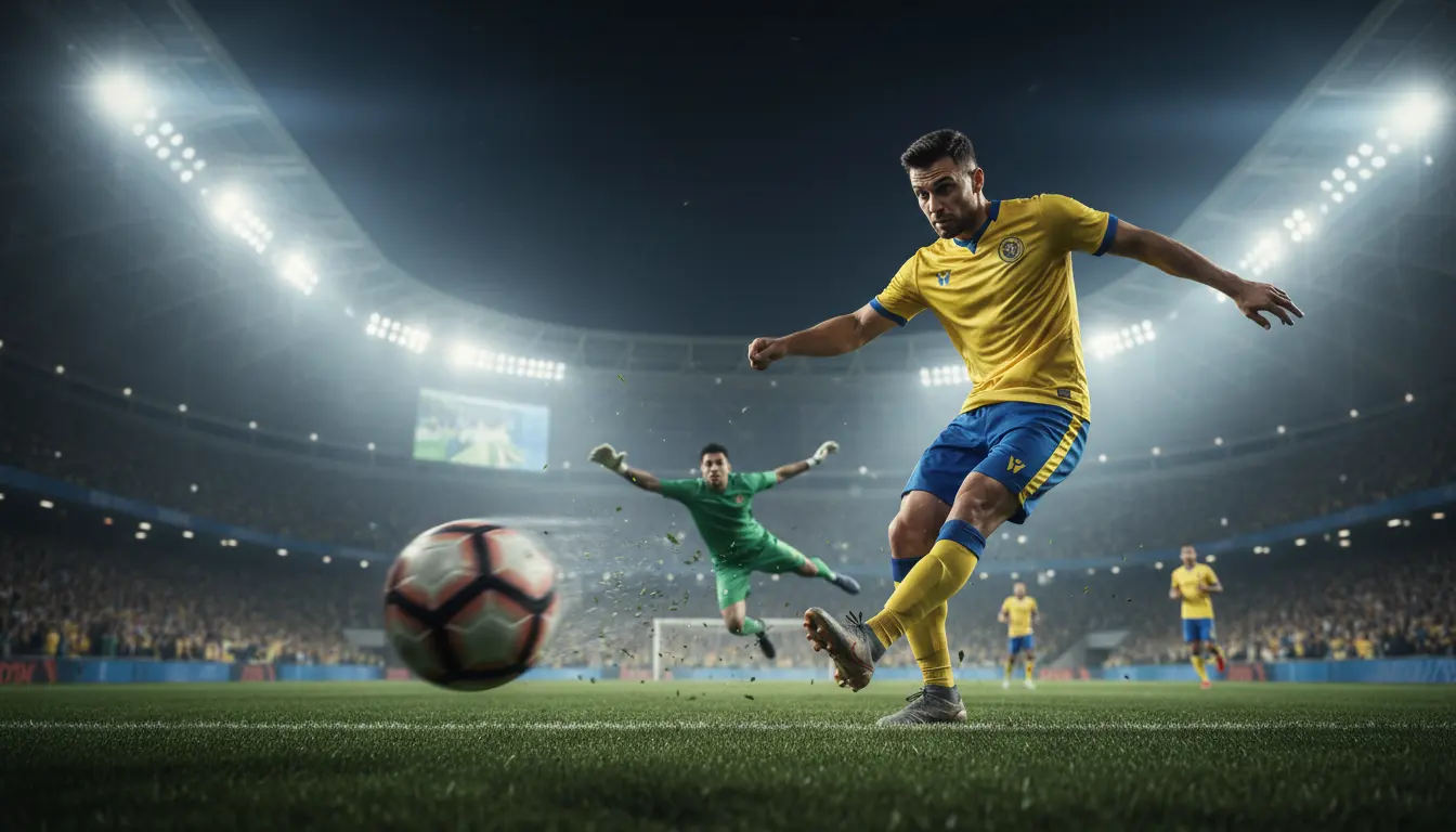 لاعب هجوم يسدد كرة قوية في مباراة بالدوري السعودي داخل ملعب ممتلئ بالجماهير