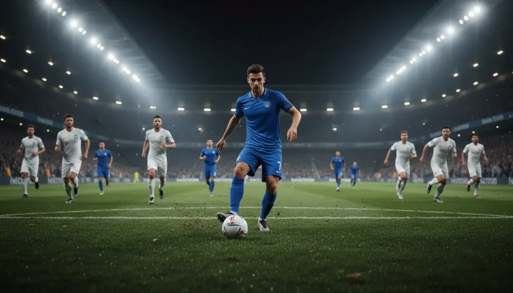 لاعب خط وسط يمرر كرة طويلة خلال مباراة في الدوري السعودي داخل ملعب ممتلئ بالجماهير