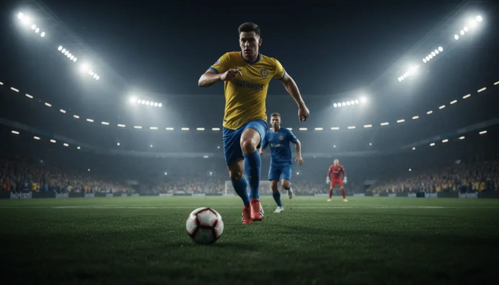 لاعب جناح ينطلق بسرعة بالكرة نحو المرمى خلال مباراة في الدوري السعودي