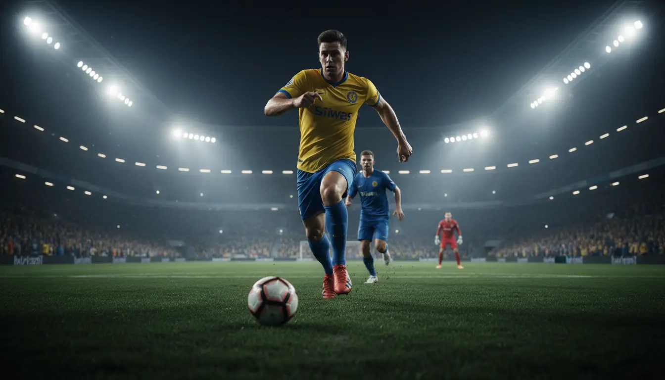 لاعب جناح ينطلق بسرعة بالكرة نحو المرمى خلال مباراة في الدوري السعودي