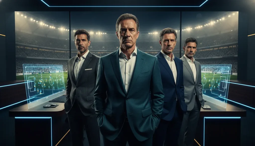 مدربو كرة القدم يقفون على خط التماس في ملعب كأس العالم ويحللون الخطط التكتيكية خلال مباراة حاسمة في مونديال 2026