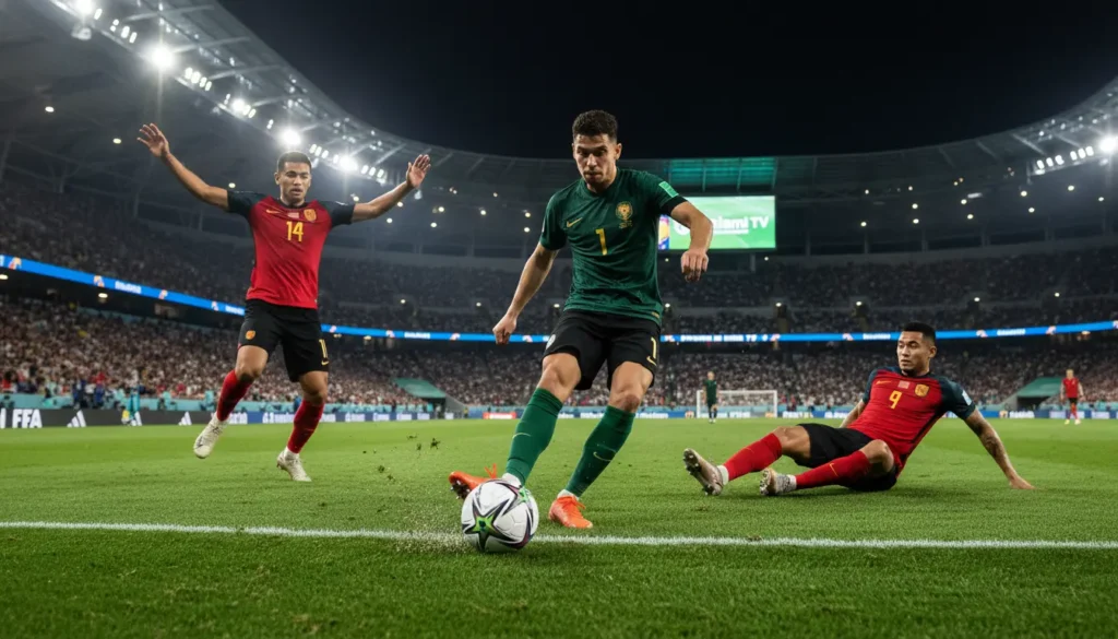 مهاجم يسدد الكرة نحو المرمى داخل ملعب ضخم خلال مباراة في كأس العالم 2026 وسط أجواء جماهيرية حماسية