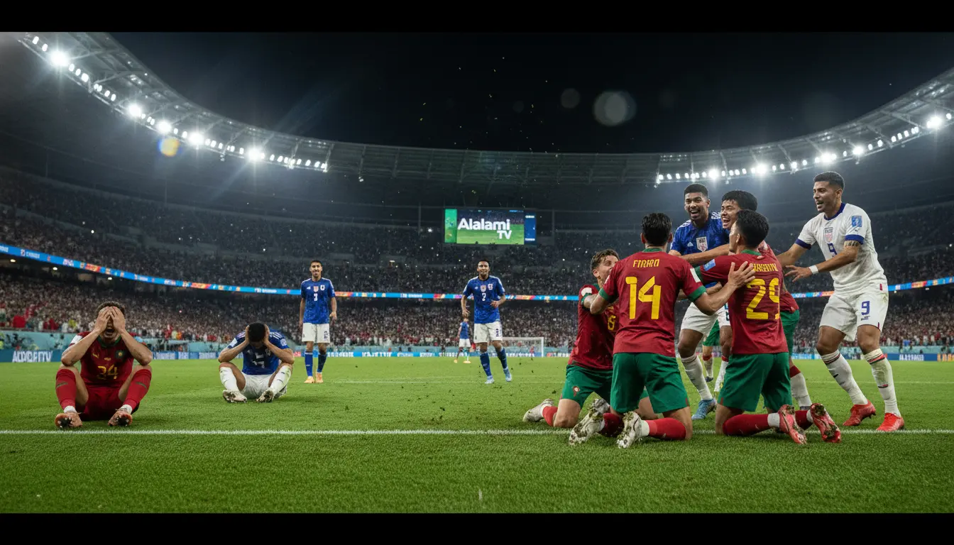 لاعبو منتخبات طموحة يحتفلون بهدف مفاجئ داخل ملعب ضخم خلال مباراة في كأس العالم 2026 وسط تفاعل جماهيري كبير